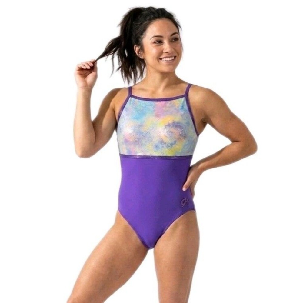 GK Elite VTG Rainbow Color Splotch Pixelated LS Cami Leotard Glitter Trim AL